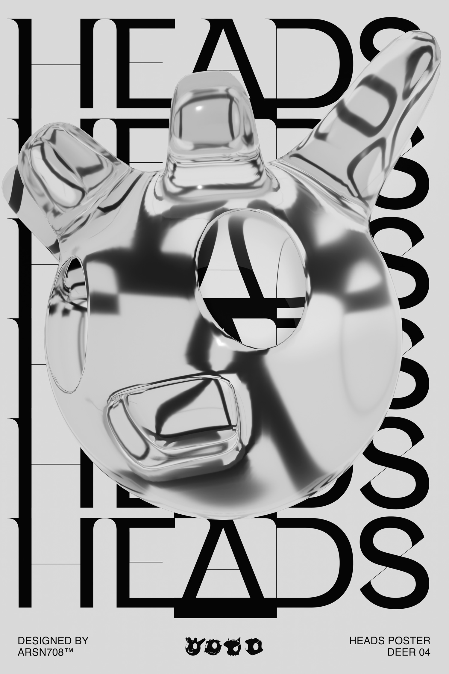 This is an image of a glossy Deer in front of a wall of text that reads heads.