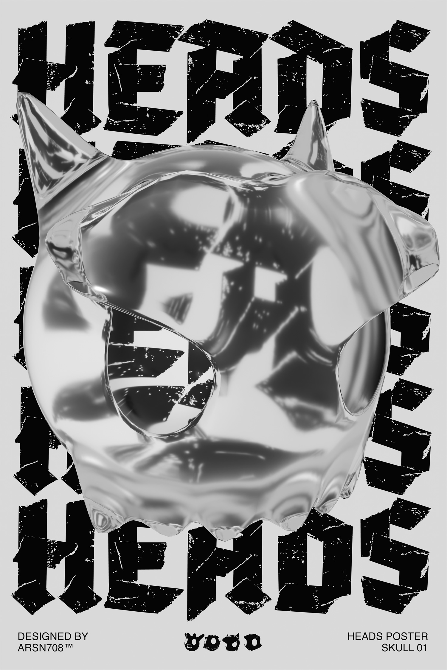 This is an image of a glossy skull in front of a wall of text that reads heads.